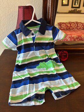 NWOT Child of Mine Romper, Blue/White/Green, 100% Cotton, 3-6 months